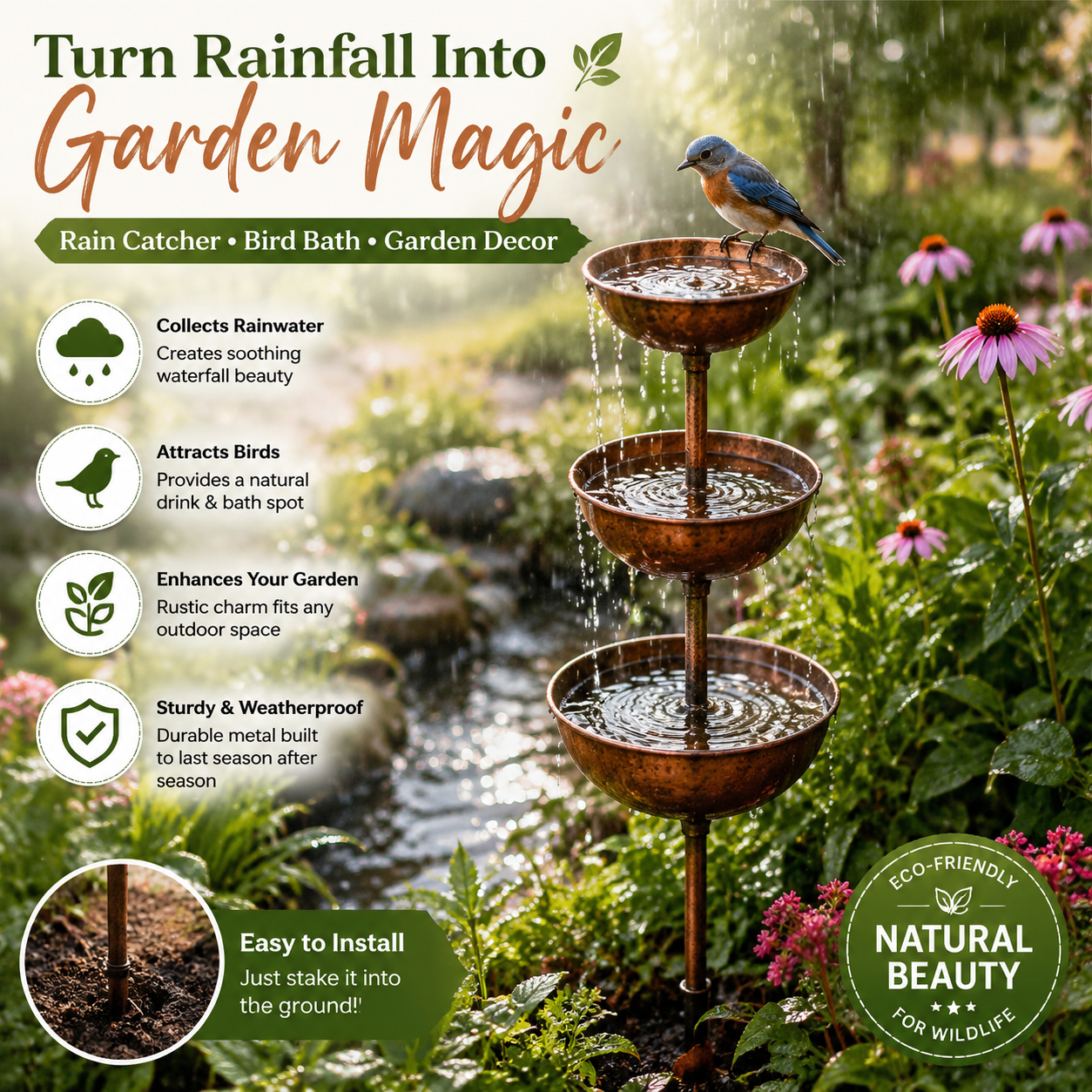 🌧️ Rain Catcher - Plant Support🐦 Metal Garden Ornament