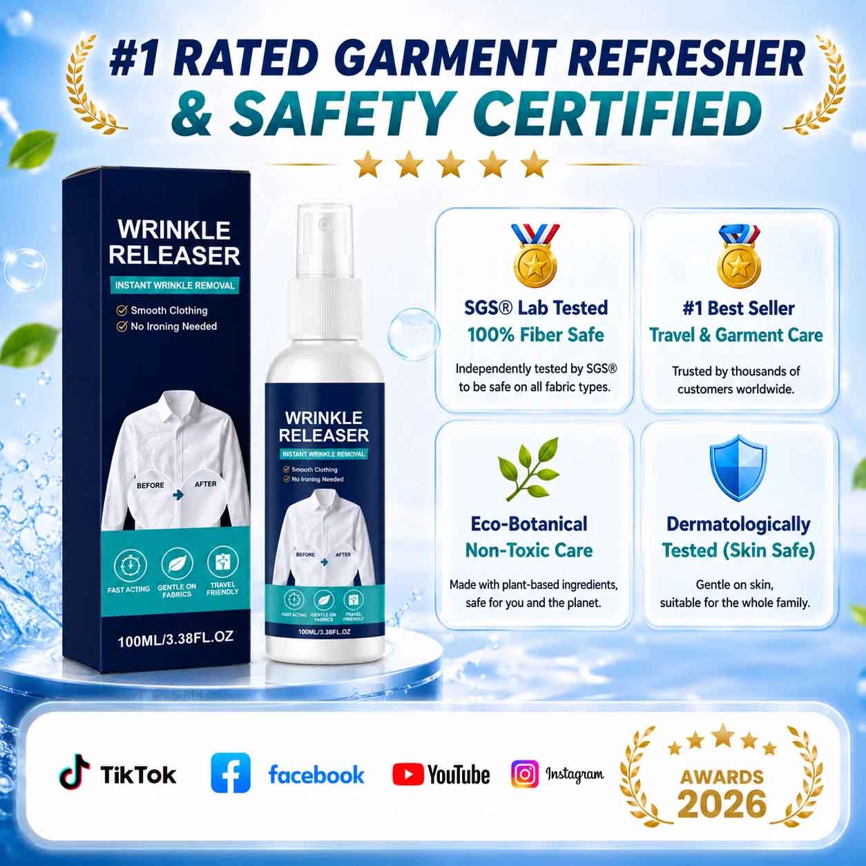 👔 Grailzees™ Instant Wrinkle Erasing Spray: Smooth Clothes in 3 Seconds (No Iron, No Heat)✨ (EU)