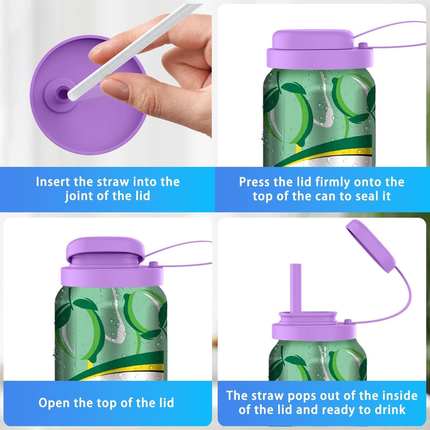 Grailzees™3Pcs BPA-Free Reusable Soda Can Lids, Secure Fit Covers to Keep Drinks Clean & Bug-Free, Optional Straws Included