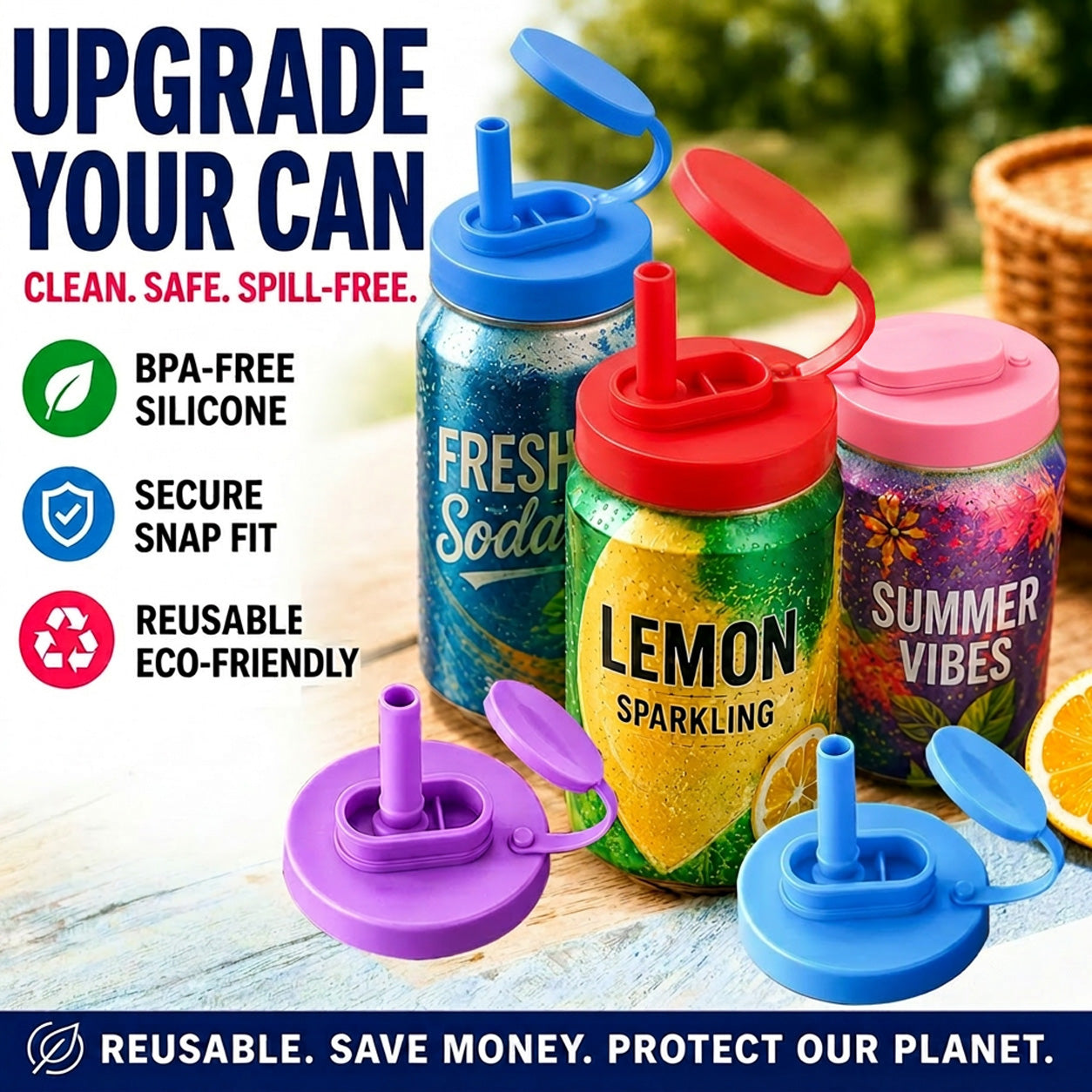 Grailzees™3Pcs BPA-Free Reusable Soda Can Lids, Secure Fit Covers to Keep Drinks Clean & Bug-Free, Optional Straws Included