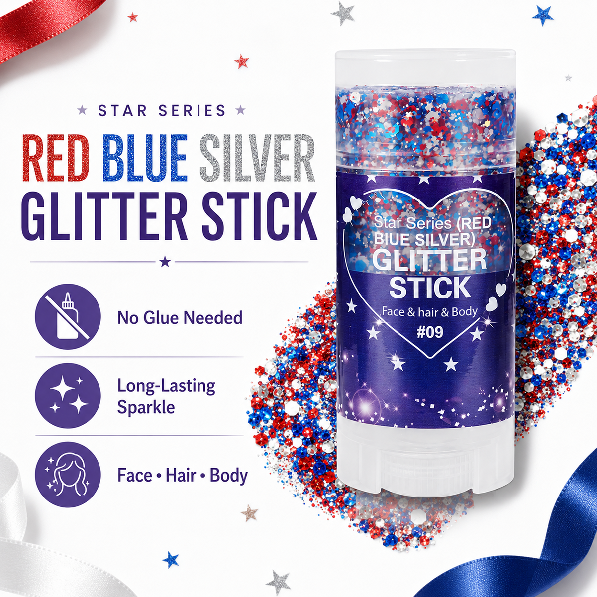Patriotic Red White & Blue Glitter Stick